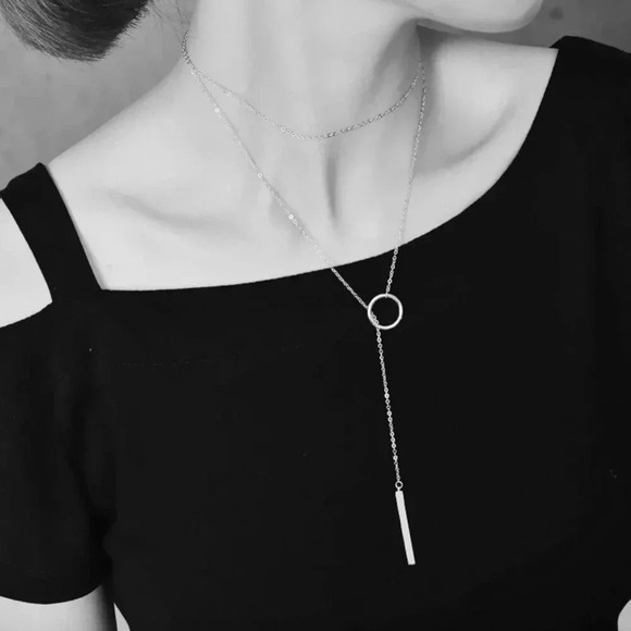 925 Sterling Silver Long Bar Lariat Necklace Long Drop Circle & Bar Necklace - Picture 8 of 9